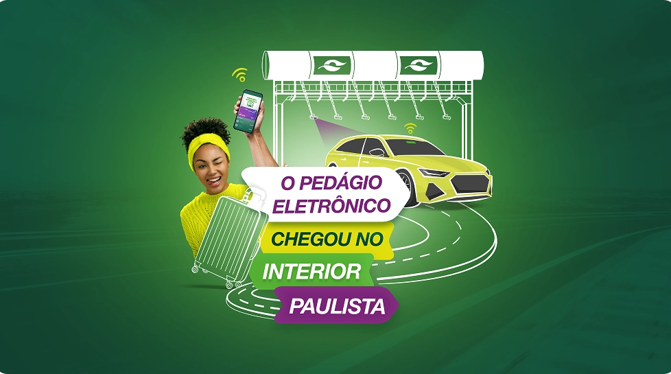 Ilustração com composição com carro passando pelo pórtico e texto: Free Flow passar direto eu vou