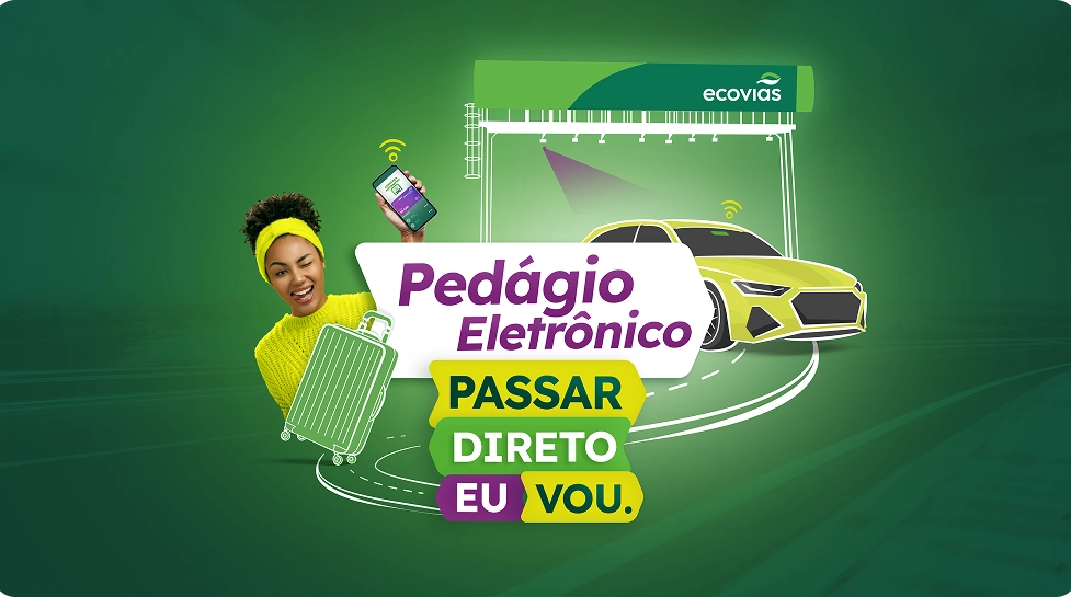 Ilustração com composição com carro passando pelo pórtico e texto: Free Flow passar direto eu vou